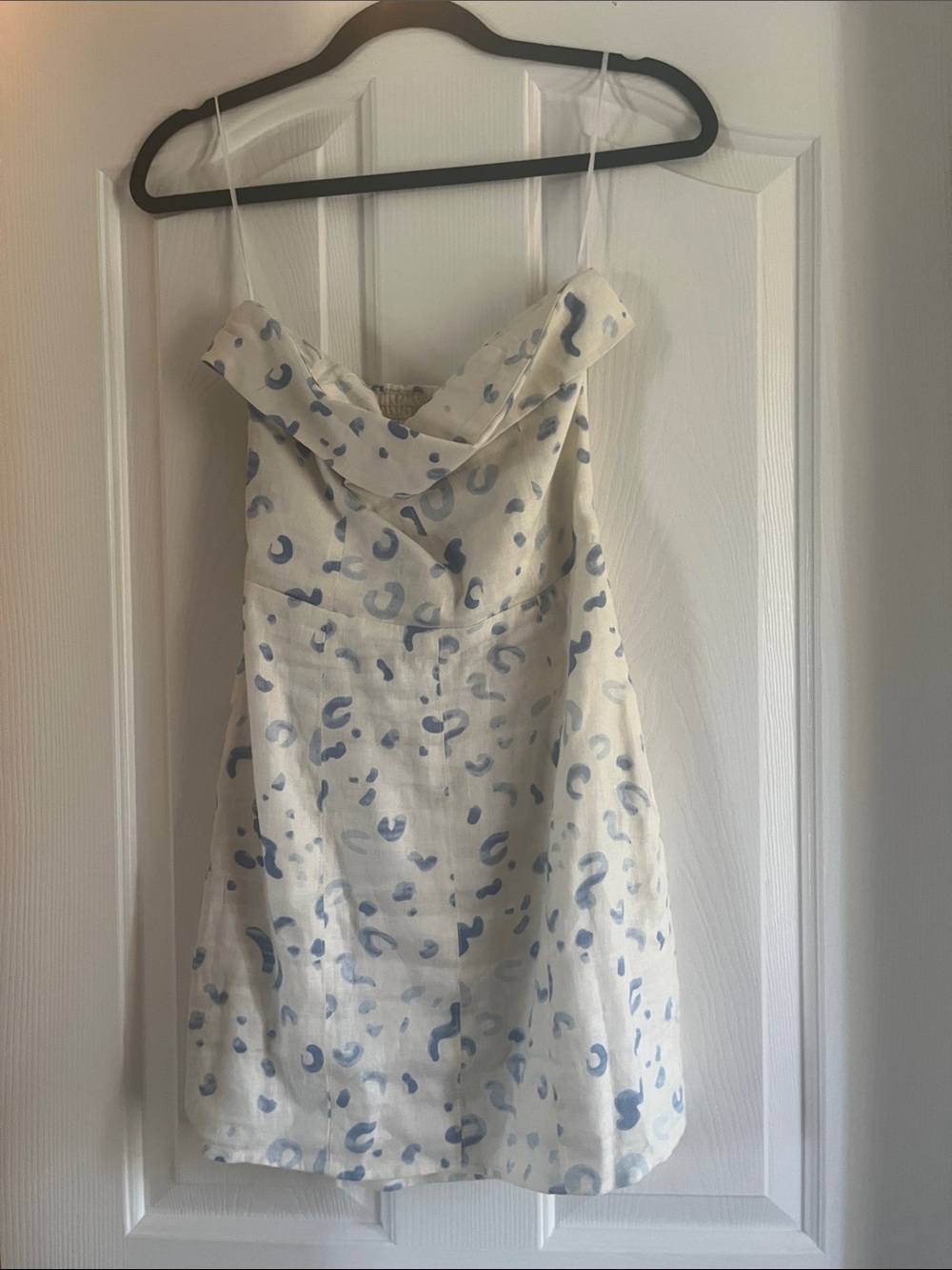 Reformation White Mini Dress with Light Blue Spot Print